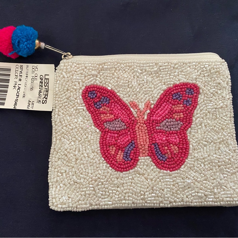 NWT Butterfly Beaded Zipper Pom Pom bag